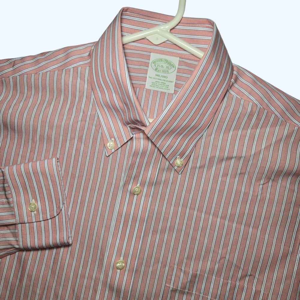 NEW Brooks Brothers Milano Dress Shirt Mens 15.5 36 Pink White Striped Non-Iron